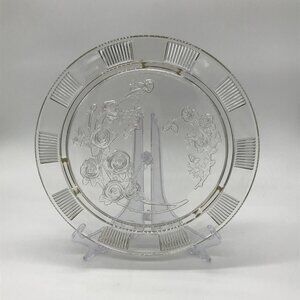 Federal Clear Glass Sharon Cabbage Open Rose Cake Plate, Floral Design & Ribbed